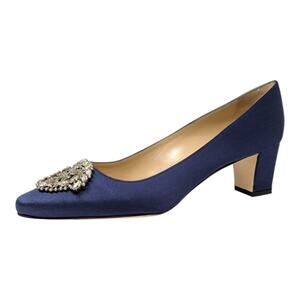 Manolo Blahnik Okkato navy jeweled buckle crepe de chine almond toe pump 39.5